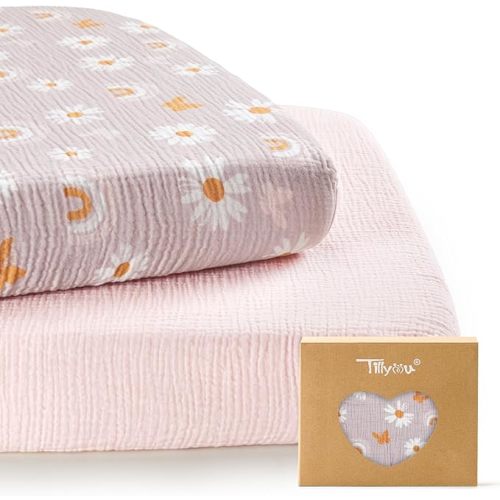 TILLYOU Muslin Mini Crib Sheets 2 Pack, Pack and Play Mattress Sheets Fitted for Pack N Play, 38 x 26 Sheet for Toddler, Pink Butterfly