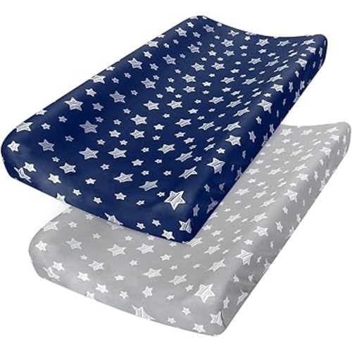 Changing Pad Cover for Boys Girls 2 Pack, Lovely Print Soft Unisex Diaper Change Table Sheets, Fit 32"x16" Contoured Pad, Comfy Cozy 2-Pack Cradle Sheets, Grey & Navy