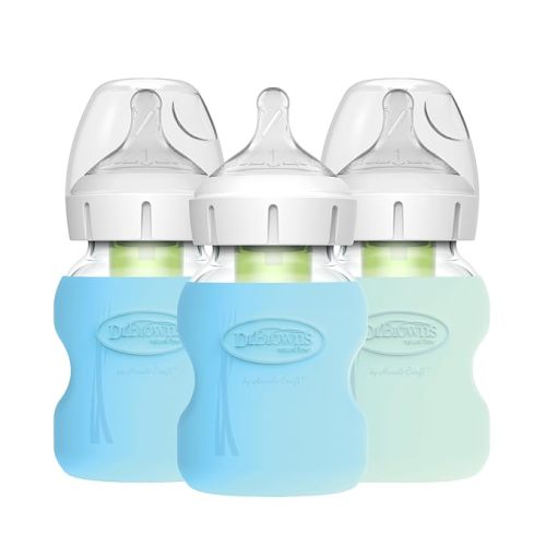 Dr. Brown's Natural Flow Anti-Colic Options+ Wide-Neck Glass Baby Bottles 5 oz/150 mL, with Level 1 Slow Flow Nipple, 3 Pack with Blue & Mint 100% Silicone Sleeves, 0m+