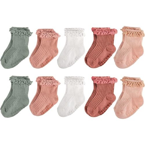 Toddler Girls Ruffle Socks Anti Slip Grippy Socks,Cute Skid Frilly Socks with Grips for Infant Baby Girl 0-3T