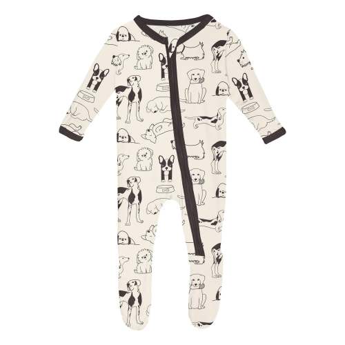 Print Footie with 2 Way Zipper in Natural Dogs