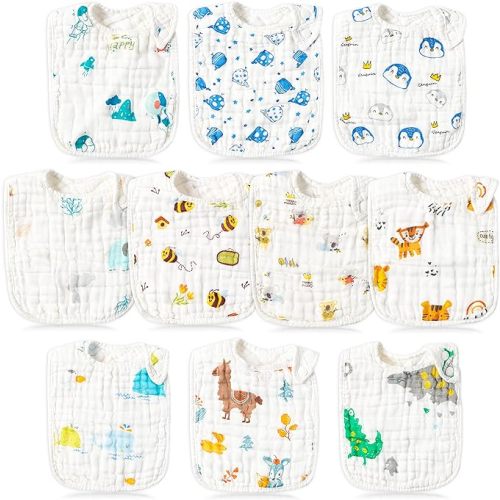 10pcs Snap Muslin Cotton Bibs, Baby Bandana Drool Bibs, Adjustable Soft Absorbent Cotton Scarf - Blue, Yellow