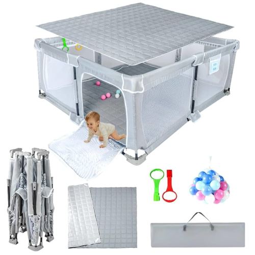 Foldable Baby Playpen 59"x71",Playpen for Babies and Toddlers with Mat,Foldable playpen with Door,Indoor and Outdoor Baby Fence Play Area (Light Gray, Foldable 59"x71" with Mat)