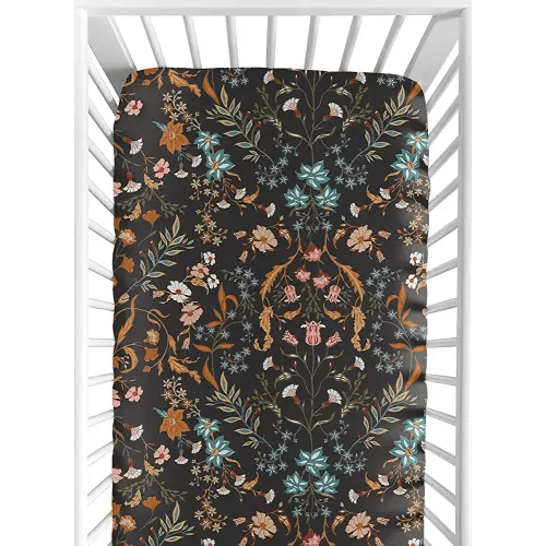 Sweet Jojo Designs Boho Wildflower Vintage Floral Girl Fitted Crib Sheet Baby Toddler Bed Nursery Black Rust Orange Teal Daisy Leaves Botanical Paisley Leaf Flower Bohemian Farmhouse Turquoise Blue