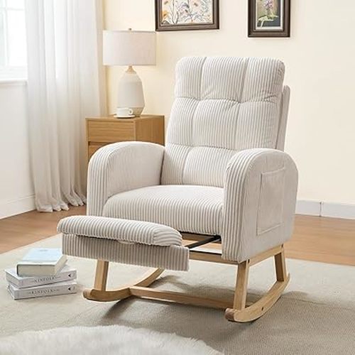 Rocking Chair Nursery with Foot Rest, Modern Glider Chair with Side Pocket, Upholstered High Back Comfy Nursing Rocker with Solid Rubber Wood Legs for Living Room, Bedroom, White Corduroy