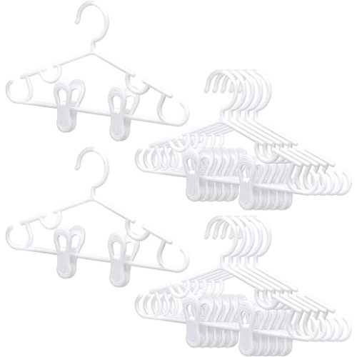 Hsei Nursery Hangers with Clips for Kids 10/20/40 Pack Baby Hangers with 20/40/80 Pack Clips for Toddler Pants Closet Coat Skirts Socks(White,30 Packs)