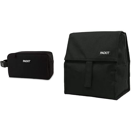 PackIt Freezable Snack Box (Black) and Freezable Lunch Bag with Zip Closure (Black) Bundle