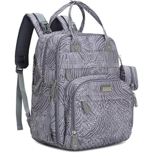 BabbleRoo Diaper Bag Backpack - Baby Essentials, Travel Essentials Baby Bag with Changing Pad, Stroller Straps & Pacifier Case - Unisex, Gray Swirls