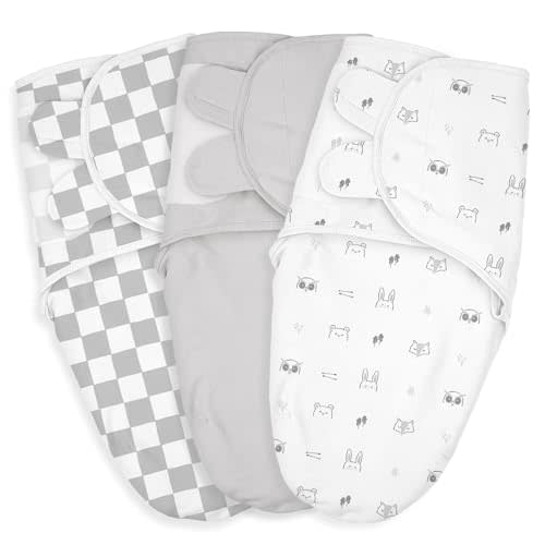 Baby Swaddle Sacks, 3-Pack Newborn Organic Cotton Swaddle Wrap, Adjustable Swaddling Blankets, Nursery Swaddling Essentials for Newborn 0-3 Months, Infant Shower Items Gift (Animals & Square)