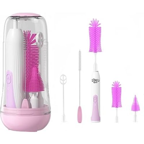 Travel Electric Baby Bottle Brush Set with Electric Bottle Cleaner and Water Bottle Brush and Nipple/Straw Brush,Milk Frother and Drying Rack(Purple)