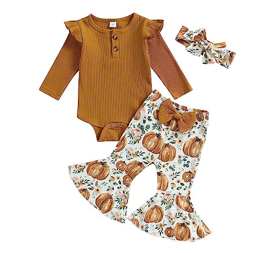 Kuriozud Newborn Baby Girl Bell Bottom Outfit Ruffle Romper Cute Bow Flare Pants Set Headband Cute Clothes