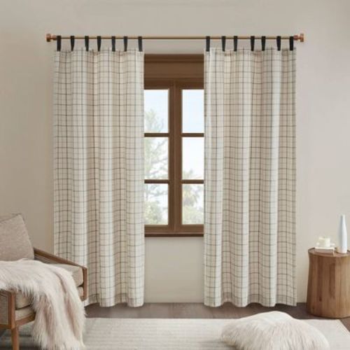 50"x84" Madison Park Light Filtering Preston Plaid Faux Leather Tab Top Curtain Panel with Fleece Lining: Thermal Insulated