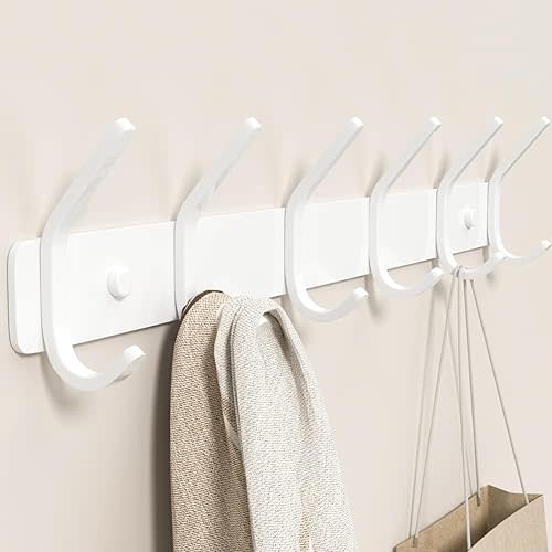 GWAAZXGZ Coat Rack Wall Mount Hooks - 15 Inch Matte White Metal 6-Hook Organizer Wall Mounted, Modern Kids Room, Entryway & Bathroom Hanger for Beach Towels, Coats, Purses, Bags (1 Pack)