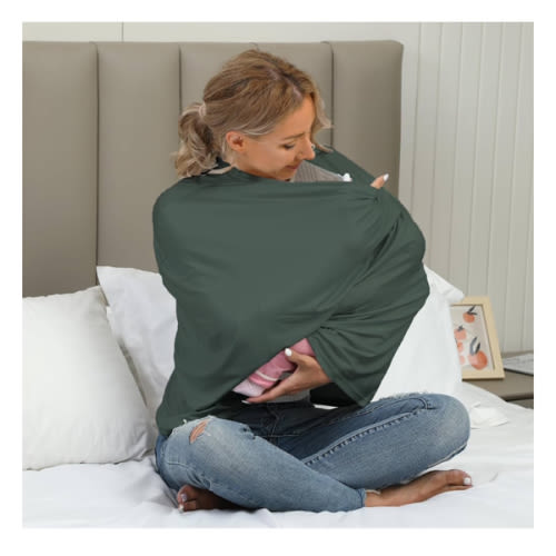 Breathable Car Seat Cover for Babies – Multi-Purpose Soft Rayon Nursing Cover for Breastfeeding, High Stretchy Infant Carseat Canopy, Stroller Cover (Smooth Rayon, Roman Green)