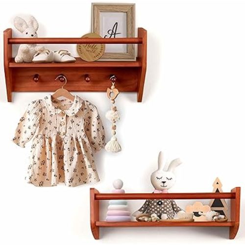 BINGY Nursery Book Shelves - Set of 2 Nursery Wall Shelves with Hooks for Clothes - 2-Tier Nursery Bookshelves Made from Solid Wood - 15.71" x 4.8" x 5.5" - Chestnut