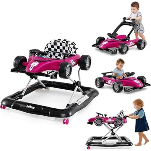 INFANS 4 in 1 Baby Walker, Foldable Toddler Activity Center with Adjustable Height, Padded Seat, Music, Light, Removable Tray, Push Walker for Girls Boys Aged 6-18 Months (Violet)