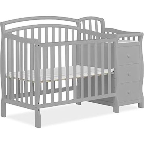 Dream On Me Casco 3-in-1 Mini Crib and Changing Table in Pebble Grey, Convertible Crib, Made of Pinewood, Three Position Adjustable Mattress Height Settings