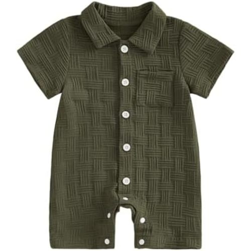 Newborn Baby Boy Summer Clothes Texture Button Down Shirt Romper One-Piece Jumpsuit Short Sleeve Collared Bodysuit