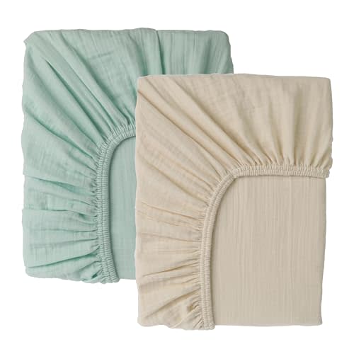 Cottonsis Muslin Crib Sheets –GOTS&OEKO-TEX® Certified Organic Turkish Cotton Fitted Sheets for Baby Crib, Boys&Girls, Soft & Breathable, 2 Pack Toddler Bed Sheets 52x28, Vanilla Ice Cream&Minty Green