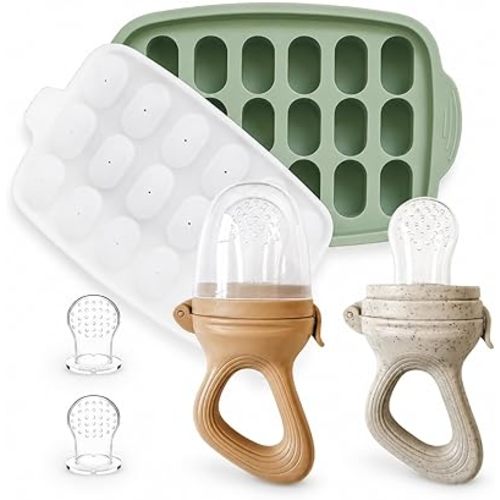 Hippypotamus Baby Food Feeder & Freezer Tray - Silicone Fruit Feeder - Pacifier Teething Toys - 2 Extra Pouches - Set of 2