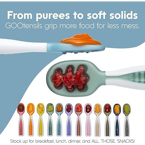 NumNum Baby Spoons Set, Pre-Spoon GOOtensils for Kids Aged 6+ Months - First Stage, Baby Led Weaning (BLW) Teething Spoon - Self Feeding, Silicone Toddler Food Utensils - 2 Spoons, Olive/Navy