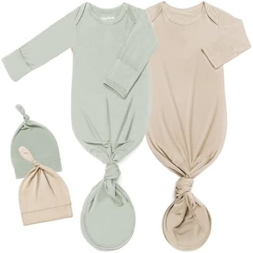 2Pack Knotted Gown Baby, Super Soft Long Sleeve Newborn Hospital Outfit Boy Girl Coming Home, Built-In Mittens Clothes