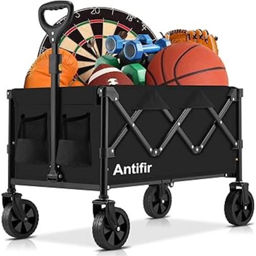 Collapsible Folding Wagon Cart, Portable Garden Wagon Cart All Terrain with Large Capacity, Heavy Duty Foldable Utility Wagon Cart for Groceries, Sports, Shopping, Camping Outdoor, Black