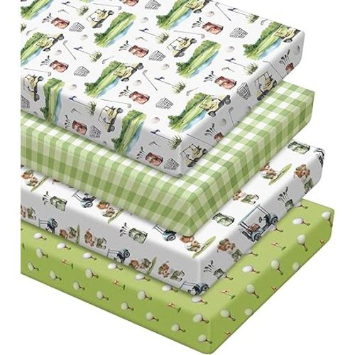 VitalCozy 4 Pcs Crib Sheet Set Newborn Bedding Nursery Baby Sheets for Girl Boys Baby Gifts for Standard Crib and Toddler Mattresses, 52 x 28 x 8 Inches (Golf)