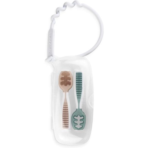 NumNum Baby Spoons Set, Silicone Pre-Spoon GOOtensils for Kids Aged 6+ Months - First Stage, Baby Led Weaning (BLW), Teething Spoon - Travel Case + 2 Spoons, Beige/Glacier Green