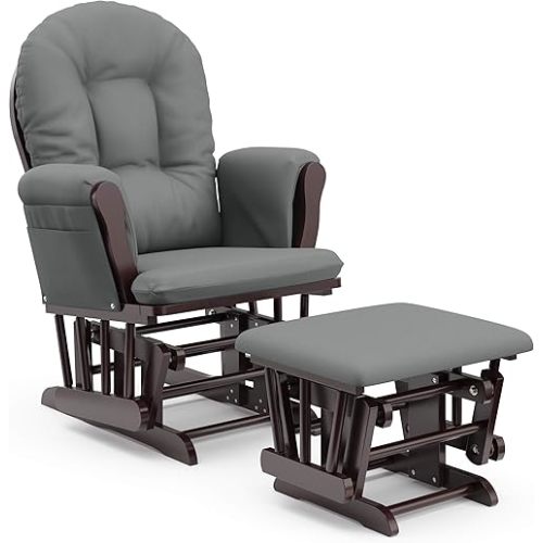 Storkcraft Premium Hoop Glider and Ottoman (Espresso Base, Gray Cushion) – Padded Cushions with Storage Pocket, Smooth Rocking Motion, Easy to Assemble, Solid Hardwood Base