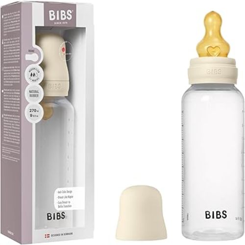BIBS Baby Bottle 9 oz / 270 ml Natural Rubber Latex Nipple - Anti-Colic, BPA-Free, Round Nipple, Medium Flow, Lightweight & Easy to Clean, Suitable for Newborns 0+ Years - Ivory