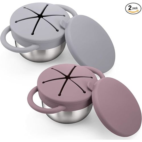 BUSOHA 2 Pack Stainless Steel Toddler Snack Cups - 9 OZ Snack Cups for Toddlers Spill Proof with Catcher and Lid Travel Snack Containers for Kids Food Grade Silicone Dishwasher Safe