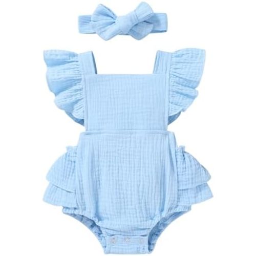 YOUNGER TREE Toddler Baby Girl Ruffled Sleeveless Romper Casual Summer Jumpsuit Cotton Linen Clothes