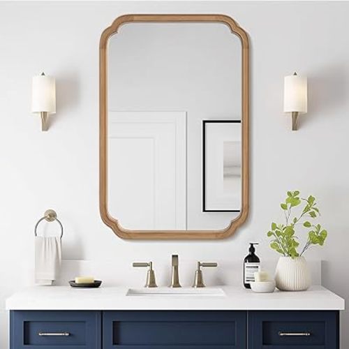 WallBeyond 24" x 36" Rounded Corner Arch Wall Mirror with Wood Frame for Entryway, Living Room or Bedroom Home Decor - Light Woodgrain [24" x 36" Honey-Colored]