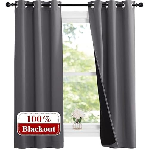 NICETOWN 100% Blackout Short Curtains with Black Liners, Solid Thermal Insulated Full Blackout 2-Layer Lined Drapes, Energy Efficiency Window Draperies for Bedroom (2 Panels, 37" W by 63" L, Grey)