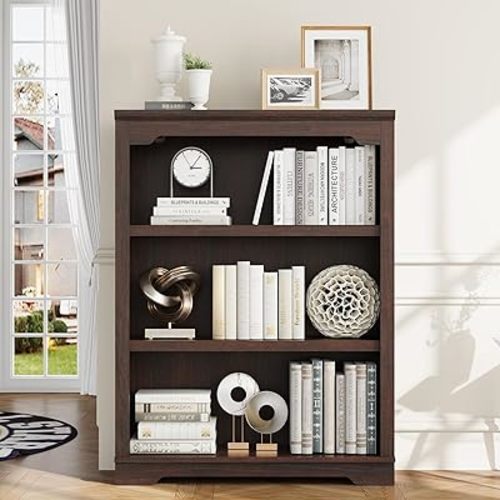 HIFYOBRO 3 Tier Bookshelf and Bookcase, 31.5" Wide Wooden Book Shelf, Freestanding Open Display Storage Bookshelves for Study Room, Home Office, Living Room (Cherry)