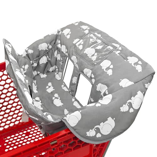 2-in-1 Shopping Cart and High Chair Cover for Baby, Padded Cover, Fold'n Roll Style, Portable with Carry Bag (Gray Elephant)