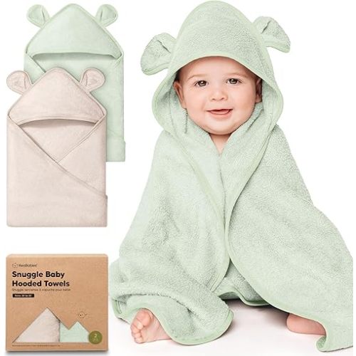 KeaBabies 2-Pack Hooded Baby Towels for Newborn - 30x30 Soft & Absorbent Viscose from Bamboo Baby Bath Towels with Hood for Infant, Toddler,Kids,Boys Girls,Newborn Bath Essentials (Sage, Petite)