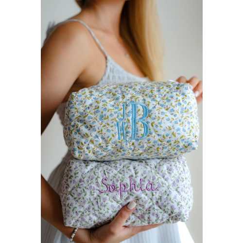 Custom embroidered flower quilted makeup bag personalized cosmetic pouch travel toiletry bag organizer bridesmaid mom gift baby diaper bag