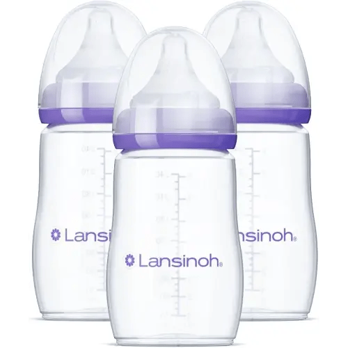 Lansinoh Anti-Colic Baby Bottles for Breastfeeding Babies, 8 Ounces, 3 Count, Includes 3 Medium Flow Nipples, Size M
