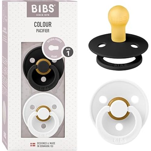 BIBS Pacifiers Colour Collection | Natural Rubber Baby Pacifier | Set of 2 BPA-Free Soothers | Made in Denmark | 0+ Months (Pack of 2) | Black/White