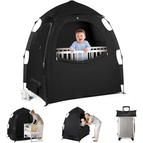 Blackout Tent for Pack and Play - Pack N Play Blackout Cover - 1-Click Setup Portable Sleep Pod with Monitor Pouch & 2 Fan Pouch, Black Out Tent Blocks 95% Light