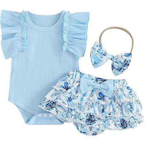 Kupretty Baby Girl Clothes Cute Summer Infant Outfits Ruffle Sleeveless Knit Romper + Floral Bow Bloomers Shorts + Headband