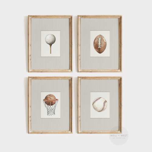 Set of Four Sports Ball Prints | Vintage Style Illustration | Baseball, Football, Golf, Basketball | Boys Room Printable Nursery Art | PS145