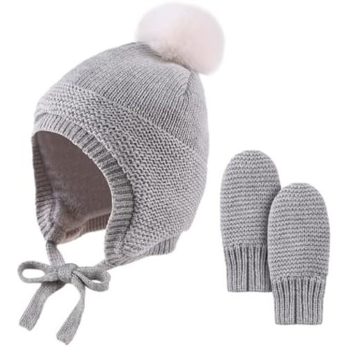 Basic Winter Baby Beanie Gloves Boys Girls Knitted Hat Pompom Kids Earflap Hats Warm Infant Toddler Beanie Mittens Set
