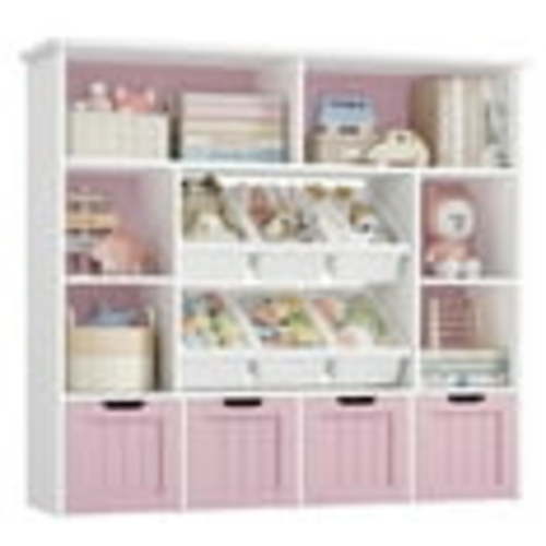 Hiphuta Large 4 Tier Kids Bookcase, Wood Toy Organizer of 6 Boxes & 4 Removable Drawers, Bookshelf for Kids Room, Pink