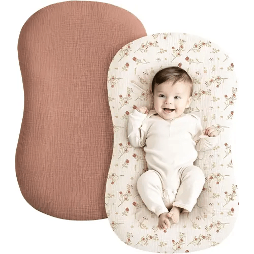Konssy Muslin Baby Lounger Cover 2 Pack, 100% Cotton Newborn Lounger Cover, Soft and Breathable Lounger Slipcover for Boys Girls, Covers Only (Chestnut, Posy)
