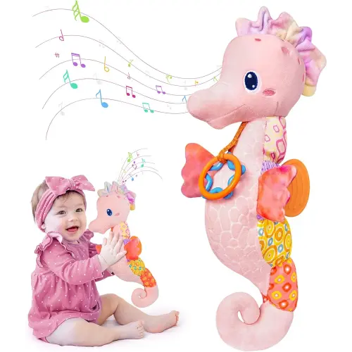 Baby Toys 0-6 Months,Infant Musical Seahorse Stuffed Animals Sensory Toys with Bright Colors,Multiple Textures,Rattles & Crinkle Sound Paper,Soft Tummy Time Toy for Newborn Boys Girls 0-12 Months-Pink