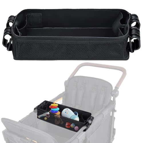 Stroller Snack Tray for Wonderfold Wagon - Upgraded with Extra Thick Base, Waterproof Faux Leather Sides & Side Mesh Pockets for Added Durability (W4 Series Thickened)