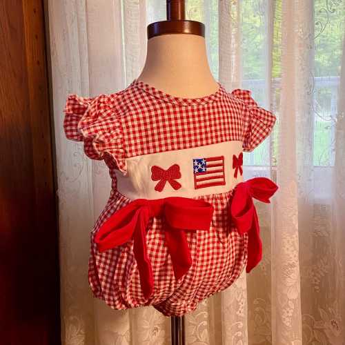 Fourth of July, Patriotic Baby Girl Bubble, Red and White Gingham Romper with American Flag Embroidery